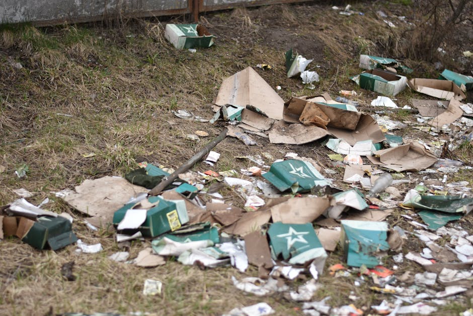 A patch of ground adjacent to a grassy area is littered with scattered debris comprising flattened cardboard boxes, some with green and white logos, torn and crumpled, alongside smaller scattered pape